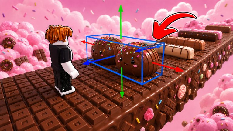 A player places smiling chocolate truffles on a chocolate-bar bridge above pink cotton-candy clouds