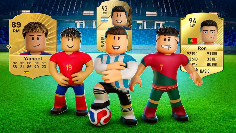 Three blocky footballers in national kits stand in a stadium beside gold player cards